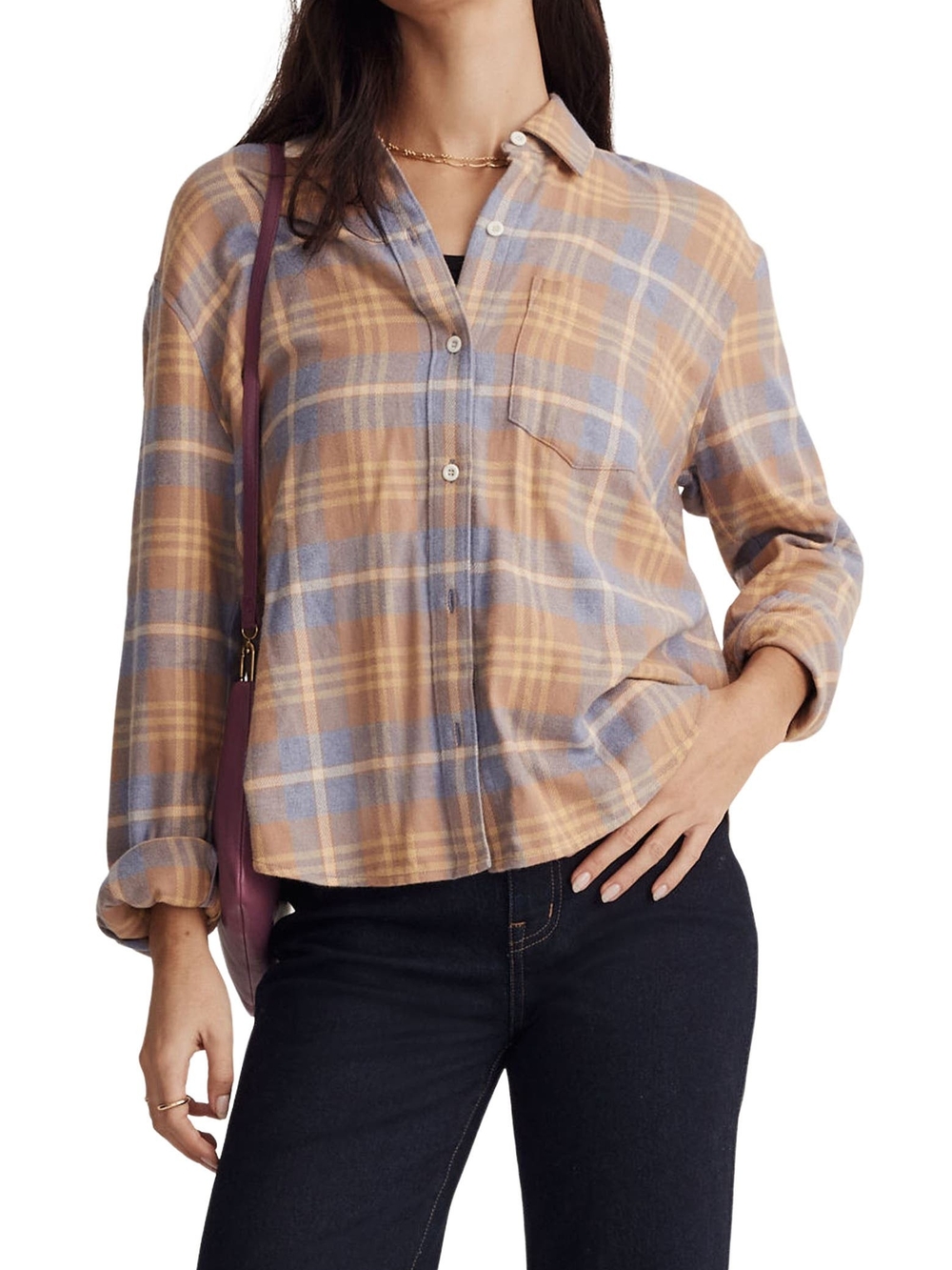 Madewell Oversized Boyfriend Plaid Flannel Button Down Shirt Top Tan Blue XS